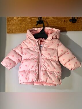 Old Navy Pink Heart Print Hooded Puffer Jacket